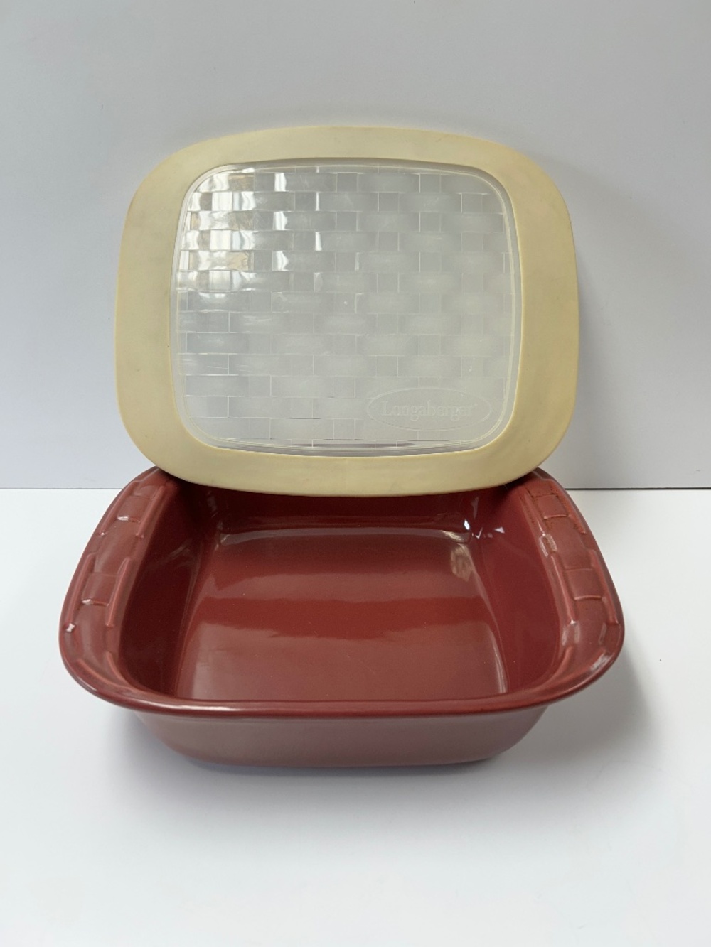 Longaberger Pottery Woven Traditions Casserole Baking Dish 8x8 Basketweave Lid